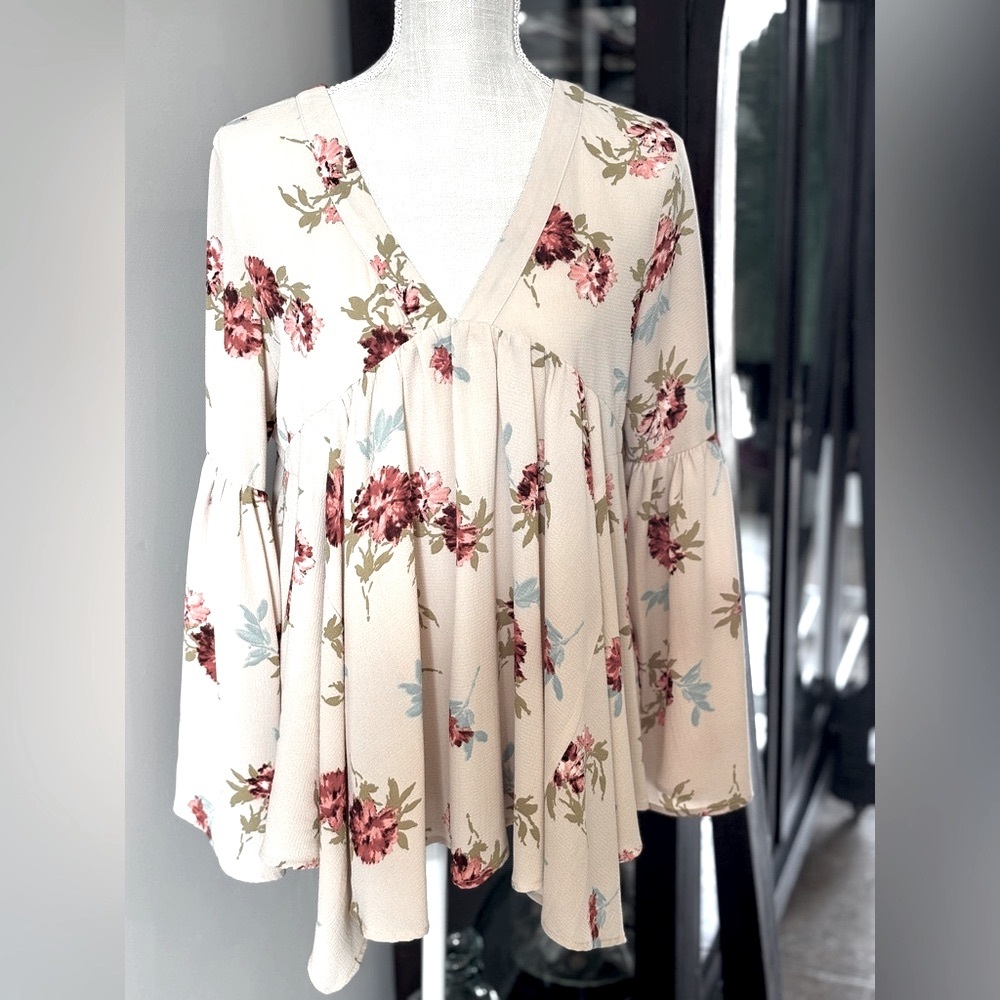Mittoshop Floral Babydoll Tunic Top. Blouse | Women’s Sz-S Bell Sleeve | Flowy